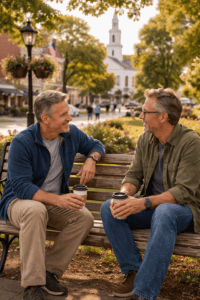 two friends on a park bench engaged in a friendly conversation