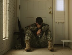 overwhelmed veteran with head in hands sitting outside his front door
