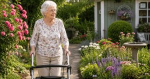 Older woman with a walker enjoying her garden