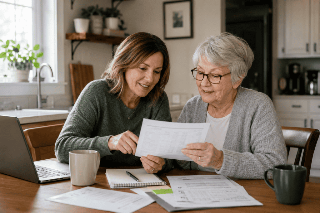 older parent and adult child looking over paperwork at a kitchen table