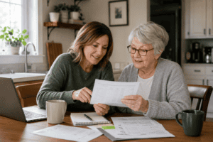 older parent and adult child looking over paperwork at a kitchen table